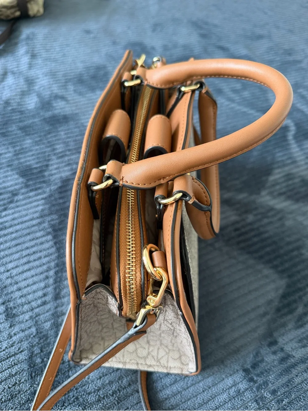 Calvin Klein Tan and Cream Signature Satchel with Shoulder Strap